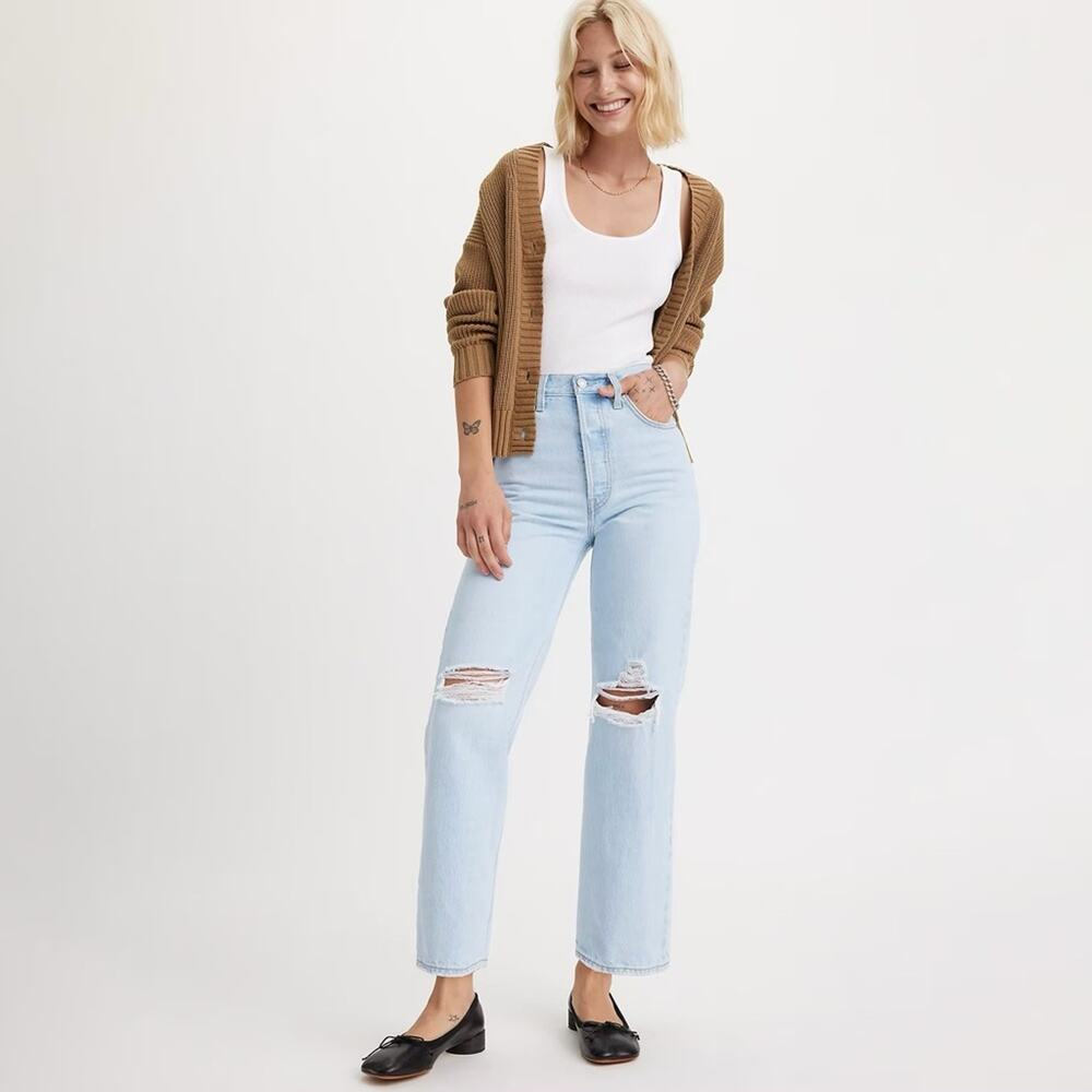 Levi’s Ribcage High Rise Distressed Straight Ankle Blue Jeans Ojai Shore 27